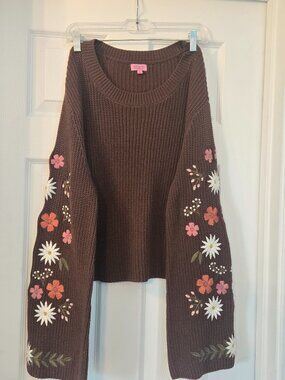 miami Brown Floral Embroidered Scoop Neck Sweater